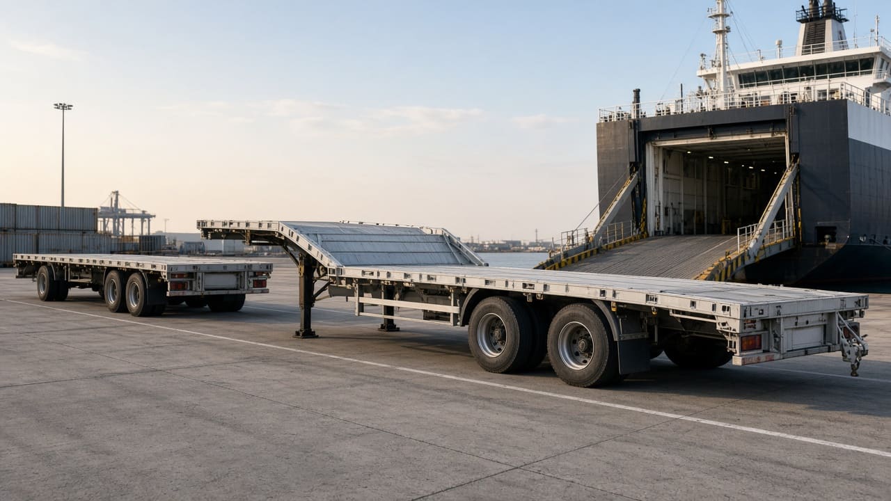 Envío y transporte de remolques de plataforma y cama baja escalonada